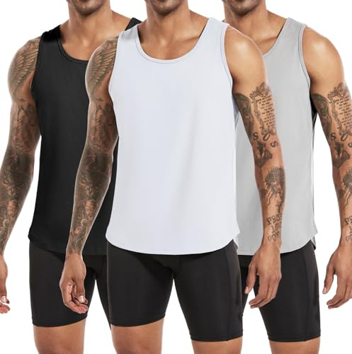 Boyzn 3 Pack Men's Cotton Gym Tank Tops, Workout Vests Tops Sleeveless T-Shirts, Breathable Running Sports Vests Tops, Athletic Muscle Undershirts Training Bodybuilding Tee Black/White/Gray-3P01-2XL
