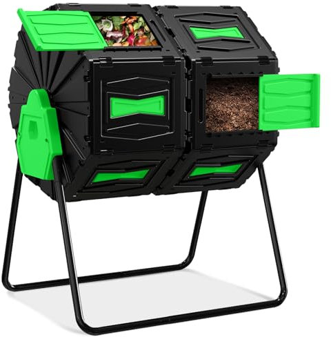 Vaso de compost, fácil de montar y eficiente, contenedor de abono para exteriores, 45 galones/170 litros, compostador giratorio grande de doble cámara para residuos de jardín, cocina y patio, puerta