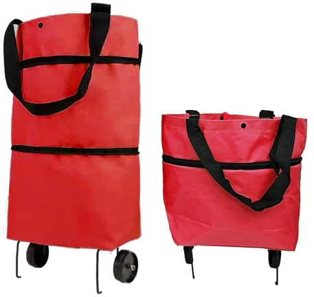Vikooyes Collapsible Shopping Grocery Bag With Wheels Rolling Tote Bag With Wheels Large Reusable Shopping Bags Foldable Cart(Red,Large)