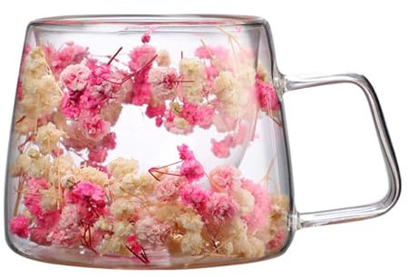 Tasse Double Paroi aux Fleurs Séchées, 200ml Double Paroi Verre à Café en Verre Transparent, Verres à Double Paroi, Tasses en Verre pour Thé,Café,Lattes,Cappuccino,Espresso,Bière