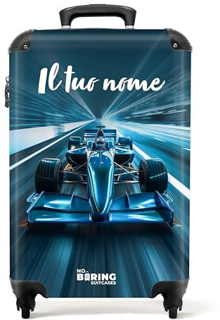 NoBoringSuitcases.com Kinderkoffer, Reisekoffer Personalisiert, Kinderkoffer Jungen, Koffer Für Kinder, Kinder Reisekoffer, Kindertrolley Jungen, Handgepäck 55x40x20 cm (Rennwagen - Cyan-Blau)