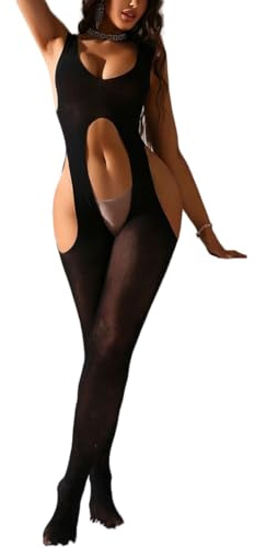 Body de Malla para Mujeres Body Lencería Sexy con Medias Ropa de Dormir Medias de Red Transparente sin Entrepierna Mono Teddy con Ligueros Bodysuit Suave Una Pieza Ropa Interior Elástica
