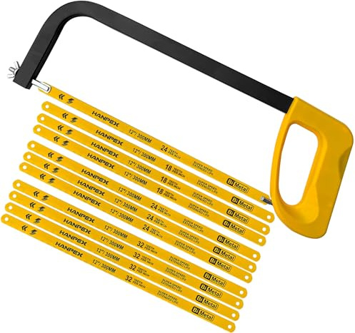 Hanpex 12in./300mm High-Tension Hacksaw Frame with 10pcs Extra Bi-Metal Blades, Hand Saw Suitable for Metal, Wood, PVC, Carpentry