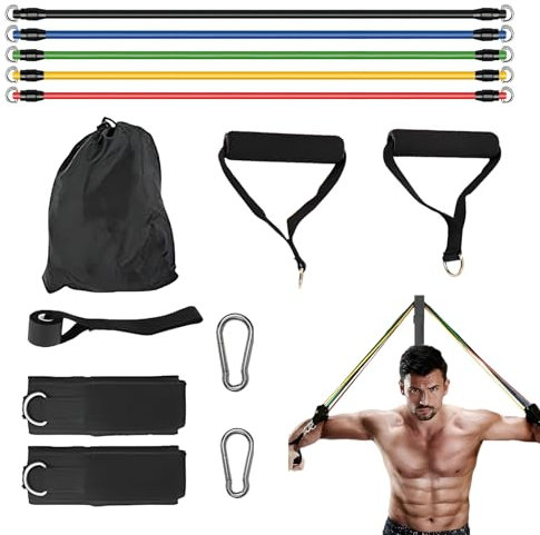 Juego de Bandas de Resistencia, 5 Resistance Bands con Anclaje para Puerta, Asas, Correas para Tobillos, Elasticos Fitness Musculacion, Ayuda para Dominadas