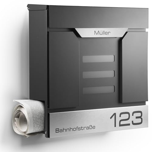 Moderner Briefkasten Personalisierbar Mailand Anthrazit RAL7016 - mit Zeitungsfach - Wandbriefkasten mit Edelstahl Namensschild und Hausnummer Gravur (Mit Gravur)