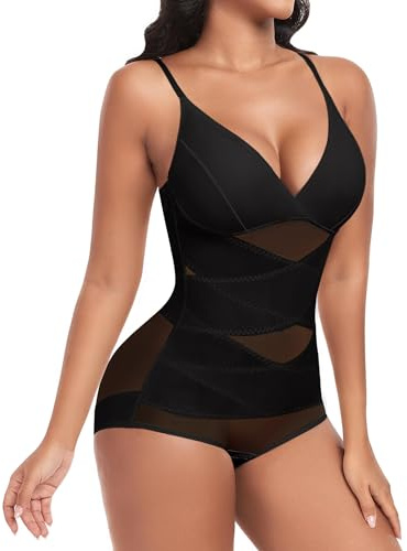 Niwicee Body Moldeador Mujer Fajas Reductoras Shapewear Cruz de Malla Control de Abdomen Bodysuit Body Shaper Reductor Invisible Posparto con Almohadillas Extraíbles Bodysuit