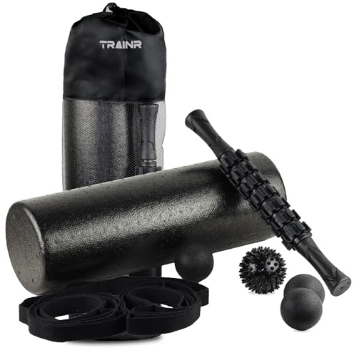 Trainr 7-Piece Massage Roller Kit with Carrying Bag Trnr-MRK-BLK, Exercise Equipment for Physical Relief, Workout Equipment Includes Foam Roller, Stretching Strap, Spike Ball, Peanut Ball, and More