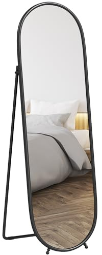 HOMCOM Ganzkörperspiegel, 160 x 40 cm Wandspiegel mit Ständer, Metallrahmen, Oval Standspiegel für Wohnzimmer, Schlafzimmer, Schwarz