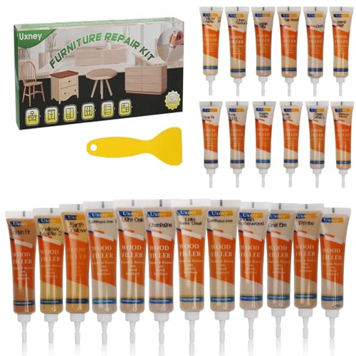 Uxney Kit di riparazione per legno, stucco per legno in 24 colori, spatola per riparare graffi, ammaccature, crepe e fori in armadi, pannelli tagliati(Serie marrone)