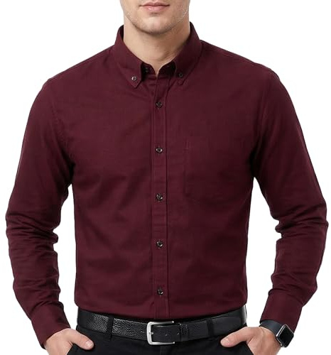 Cotton King Mens 100% Cotton Oxford Shirt Long Sleeve Dress Shirts for Men Button Down Work Casual Shirt with Pocket - Dark Maroon - (XL)