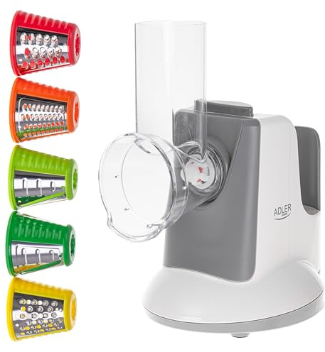 avenido Affettatrice elettrica, tritatutto per verdura, frutta, patate, formaggio, 5 accessori intercambiabili, 150 W, grattugia con occhielli grandi e piccoli, grattugia fine e grossa, purè, bianco e
