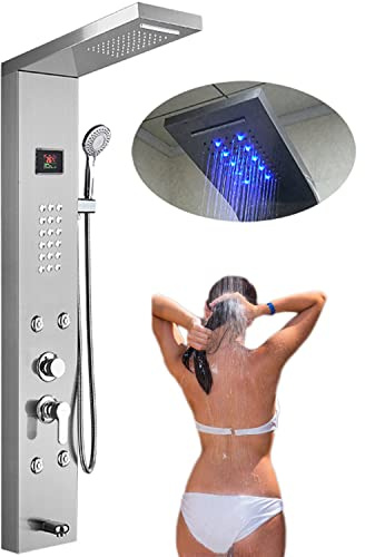 Duschpanel Tower System LED-duschsystem i rostfritt stål Duscharmatur Duschpelare Regnduschhuvud Handduscharmatur Duschset Massagemunstycken Silver