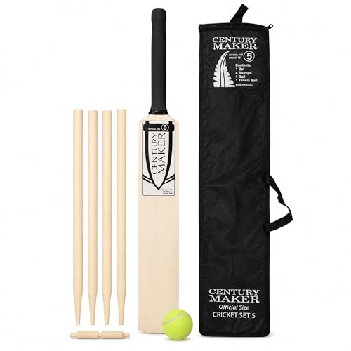Almineez Cricket Set for Kids and Adults - 6 Piece Outdoor Garden Sports Kit with 82cm Lightweight Wooden Size 5 Cricket Bat, 4 Stumps, Tennis Ball, Bail, and Mesh Carry Storage Bag