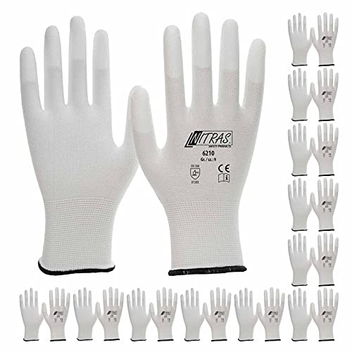 Nitras 12 Paar Nylon-Handschuhe 6210 Arbeitshandschuhe Gartenhandschuhe PU-Fingerkuppenbeschichtung, Größe:9