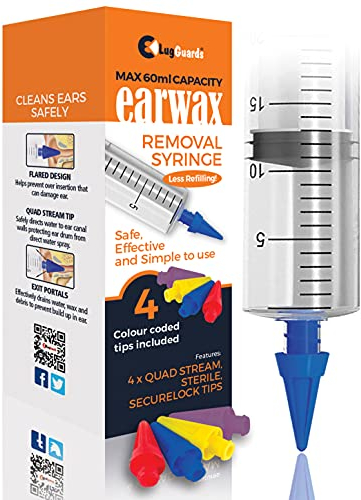 LUGGUARDS® 60ml HIGH Capacity Quad Stream Ear Wax Removal Syringe with 4 STERILE Colour Coded Tips