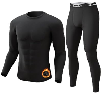 CL convallaria Long Johns Thermal Underwear for Men Soft Fleece Lined Base Layer Cold Weather Top Bottom Gift Set Midweight Crew Neck Black Medium