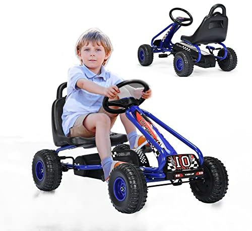 GOPLUS Go-Kart pour Enfant 3-6 Ans,Kart à Pédales Extérieur avec Siège Réglable sur 2 Positions, Frein à Main, Pneus,Go-Kart pour Garçons et Filles, 86 x 50 x 55CM (Bleu)