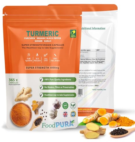 FoodPURA 365 x 4000mg Turmeric (Curcumin), Ginger, Garlic & Organic Black Pepper Capsules HACCP Certified, Manufactured in The UK by FoodPURA (365)
