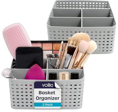 volila Cosmetic Basket Desk Storage Organiser Cosmetic Storage Box For Bedroom Bathroom Living Room Office Perfect For Makeup Brushes, Cosmetics Bedside Storage and Office Stationery (Grey - 2 Pack)