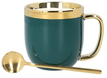 HOMLA Sinnes Tasse + Löffel mit Goldener Verzierung - Becher Teetasse Kaffeebecher 0,28 l Porzellan Vergoldet Handbemalt Smaragd & Gold