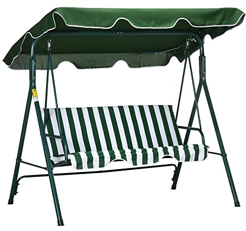 Outsunny Columpio de Jardín Exterior de 3 Plazas, Balancín de Jardín Exterior con Techo Ajustable y Marco de Acero, para Balcón, Terraza, Patio, Carga 240 kg, 172x110x153 cm, Raya Verde