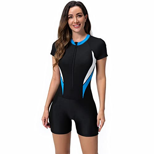 Badeanzug mit Bein Schwimmanzug Damen Burkini Muslimische Islamische Muslim Frauen Langarm/Kurzarm Blumen Druck Zip Up Neopren Kurz Neoprenanzug Rashguard Surfer Bademode Surfanzug Schwarz #15 M