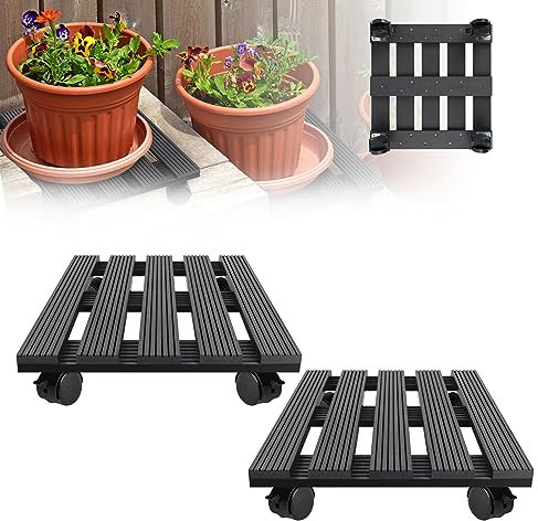 YARDIN 2 Stück WPC Pflanzenroller 30 x 30 cm Rollbrett Pflanzen Blumenroller Eckig Rolluntersetzer Blumentopf, 100 kg Tragkraft mit rollen für Innen und Außen (Anthrazit)