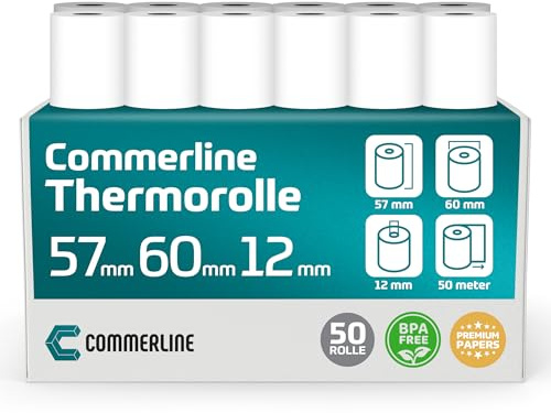 Commerline Rollos térmicos de 57 x 60 x 12, 50 metros, 50 rollos, rollos Ec, dispositivo de recibos Ec, papel térmico, rollos de caja registradora