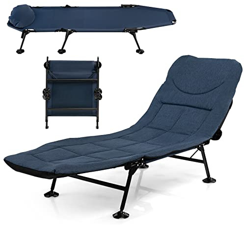 GYMAX Lit de Camping Pliable avec Oreiller Amovible, Dossier Réglable en 5 Positions, Matelas Confortable, Chaise Longue Portable pour Pique-Nique, Randonnée, Plage, Charge 200 KG (Bleu)