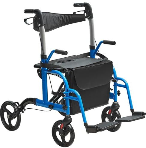 VEVOR 2-in-1 Rollator und Transportstuhl für Senioren zusammenklappbare Rollator-Rollstuhl-Kombination und Fußstützen leichter Aluminium-Rollator mit verstellbarem Griff All-Terrain-Räder 136 kg Blau