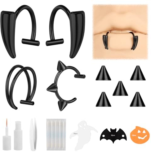 ZS Anneau Dents Vampire Acier Inoxydable, Bijoux Manchette Lèvre Non Perçants Halloween, Bijoux Monroe Réglables Helix Cartilage Boucle d'Oreille Pour Femmes Hommes (Noir)