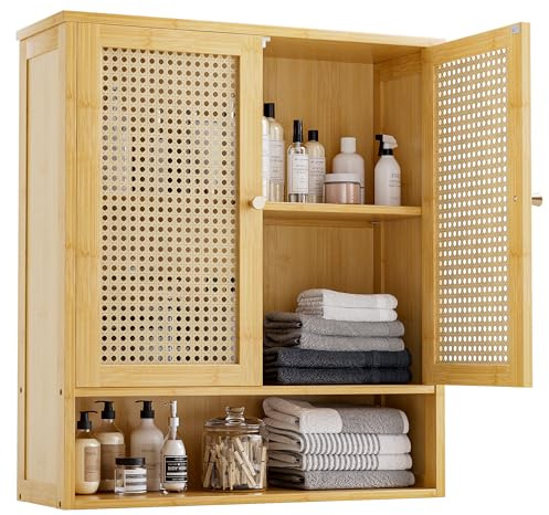 vovala Badezimmer-Wandschrank, Bambus-Aufbewahrungsorganisator über der Toilette mit 2 Rattantüren und verstellbarem Regal, platzsparender Medikamentenschrank für Wäsche, Küche, Wohnzimmer (Natur)