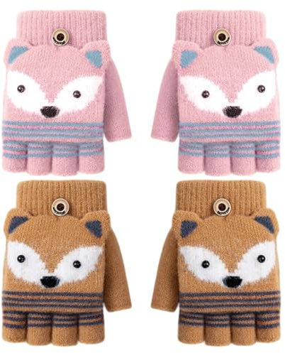 TUONYIS 2 Paar Kinder Halbfinger Handschuhe Fingerlose Fäustlinge Mädchen Jungen, Cartoon Kinder Winter Fäustlinge Kinder Fingerlose Fingerhandschuhe mit Flip Top für 3-9 Jahre (Braun, Rosa)