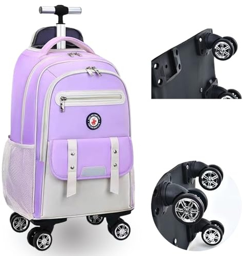 Egchescebo Kids Rolling Backpack for Girls Suitcases Trolley Roller Luggage Backpacks with Rotating Wheels Laptop for Elementary 18” Travel School Bag Mochila Ruedas Para Niños Purple