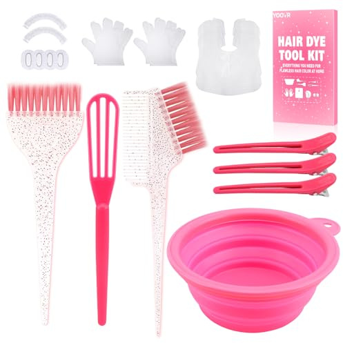 YOOVR 19PCS Hair Bleach Dye Kit with Hair Dye Brush and Bowl Whisk Hair Clips Protective Gear Set, Ideal for Hair Bleaching Coloring Highlighting, Essential Salon Supplies for Home Use (Pink)