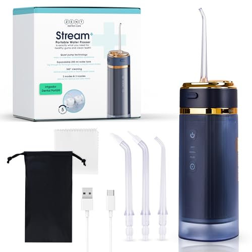 ZENT Stream+ Idropulsore dentale, Irrigatore orale, Tecnologia rotante avanzata 360°, 3 testine speciali, Pressione regolabile, Rimozione della placca, Batteria a lunga durata, Blu