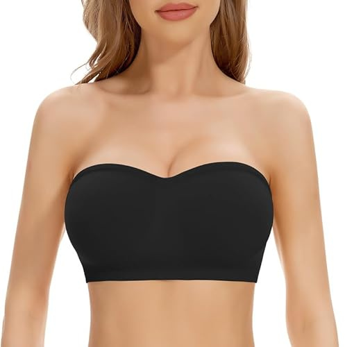 Cavotor Strapless Push Up Bra for Women Bandeau Bra Padded Stay Up Non-Slip Silicone Supportive Strapless Bras for Bigger Bust Non Wired Comfort Bralette (Pull On-Black,S)