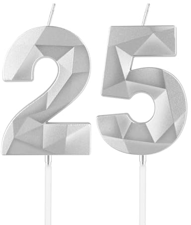 mciskin Silver 25th Birthday Candles, 25th Birthday Decorations for Girl Boy,3D Number 25 Candles for Cake, Pearl Silver Candle Cake Topper Decorations for Birthday Party Weddings Anniversary Supplies