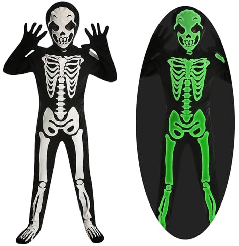 SSKHE Deguisement Squelette Garcon, Costume D'Halloween Phosphorescent, Combinaison Intégrale, Tenue de Fête Déguisée (Taille 110-150 cm)