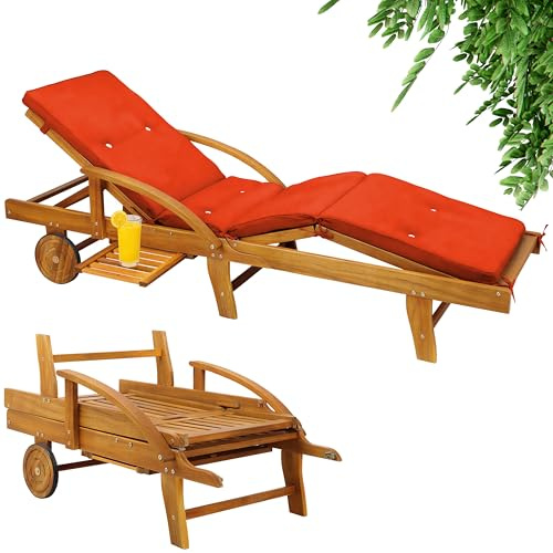Casaria® Lettino Prendisole in Legno Acacia incl. Cuscino Portata 320kg 2 Persone Sdraio da Giardino Terrazza Balcone Pieghevole con Ruote 195x55cm