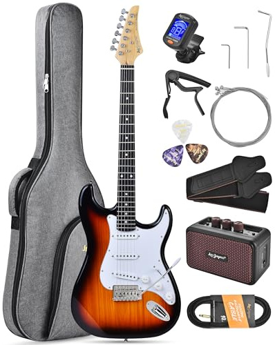 Leo Jaymz Beginner Electric Guitar 39” Kit with Portable Amplifier, Padded Gig Bag, Digital Tuner,Capo,Strap,Picks,Classic SSS Pickups (Sunburst-SSS)