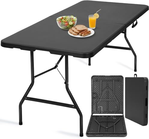Velway Tavolo Pieghevole da Esterno 180x75x73cm - Portatile Tavolo Pieghevole Campeggio per 6-8 Persone con Maniglia e Blocco di Sicurezza Salvaspazio per Giardino, Feste Buffet, Mercatini - Nero