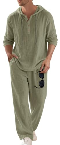 Yegirlzs Tuta Uomo Completo Curvy Tuta Estiva Lino Camicia Maniche Lunghe con Cappuccio e Pantaloni 2 Pezzi Set Leggera Tute Casual Completi Spiaggia A Verde L