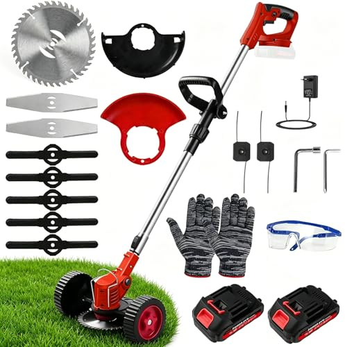 Uadme Desbrozadora Bateria con Ruedas, Desbrozadora Electrica Inalámbrica 21V, 2 Baterías de 1,5 Ah, 4 Tipos de Cuchillas, Plegable, Cabezal Ajustable 90° y Mango Telescópico para Jardín y Podar
