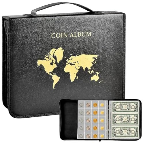 QuxetlRyz myntalbum Portable myntkollektion set 200 30 papper money paneler PVC transparent filatelic book album med blixtlås skydd (svart set)