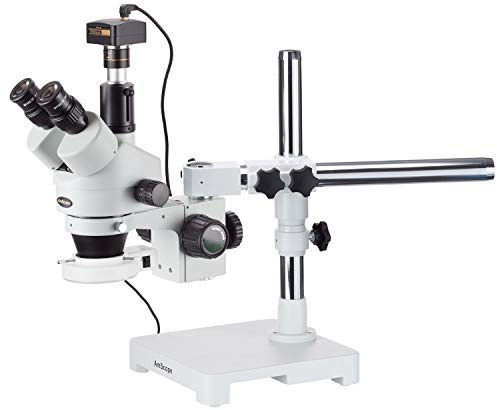 AmScope SM-3TZ-54S-5M Digital Professional Trinocular Stereo Zoom Microscope, WH10x Eyepieces, 3.5X-90X Magnification, 0.7X-4.5X Zoom Objective, 54-Bulb LED Light, Single-Arm Boom Stand, 110V-240V, Includes 0.5X and 2.0X Barlow Lenses and 5MP Camera with Reduction Lens and Software