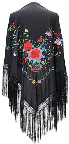 La Señorita Foulard cintura chale manton de manila Flamenco di danza nero con diversi fiori colorati frangia nero