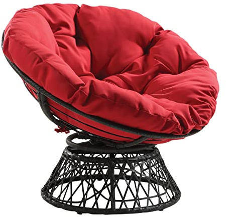 OSP Home Furnishings Wicker Papasan Chair with 360-Degree Swivel, Grey Frame with Red Cushion