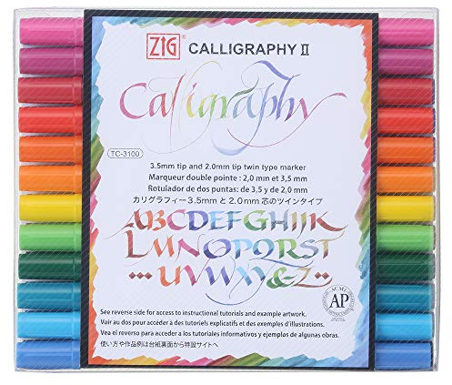 Kuretake ZIG Kalligrafipennor, 24 färger set, 2 mm. 3,5 mm dubbla spetsar markörer