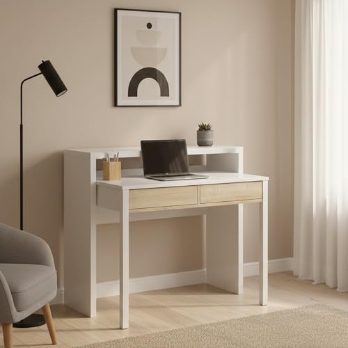 Dmora - Scrivania Billings, Scrivania con piano estensibile, Scrittoio porta PC con 2 cassetti, 99x36h88 cm, Bianco e Rovere